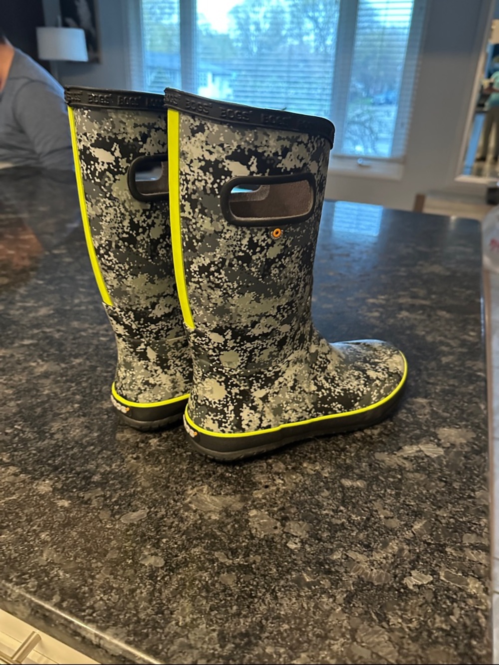 Bogs Kids Gray Camo Rain Boots with Neon Yellow Trim like new